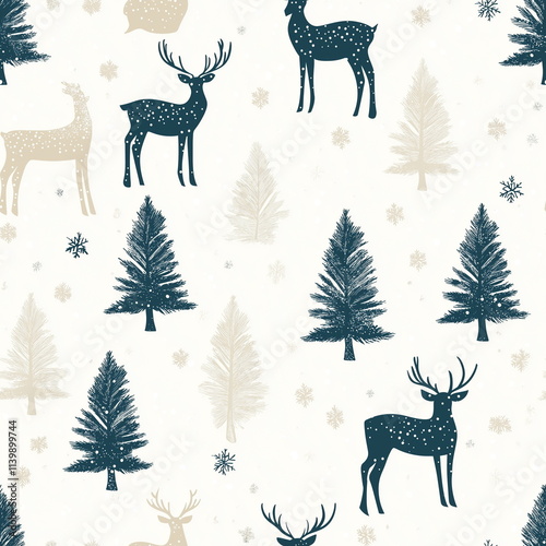 A Seamless Pattern with images of Deer and Christmas Trees