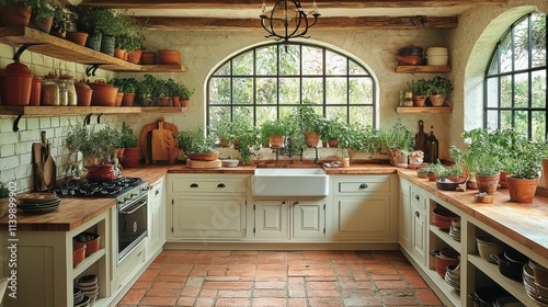 A charming farmhouse kitchen featuring rustic decor, abundant herbs in pots, and warm wooden finishes, embodying a serene French countryside aesthetic. photo