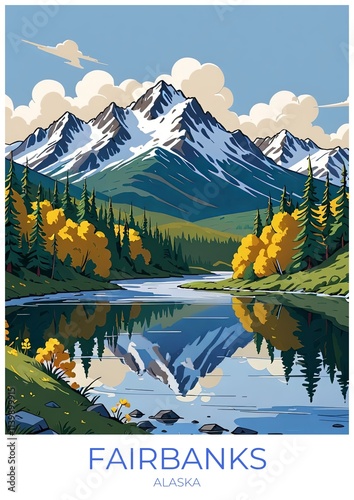 Fairbanks Alaska Eco Friendly Travel Poster Illustration Wall Art Decor Gift