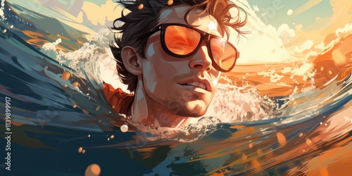 Professional surfer riding waves. man catching waves in ocean Surfing action water board sport. Water sport. Beach swimming activity on summer vacation. extreme sport. surfing at sunset time