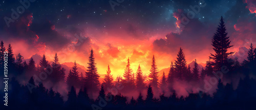 Sunset with Fire in the Forest and Field