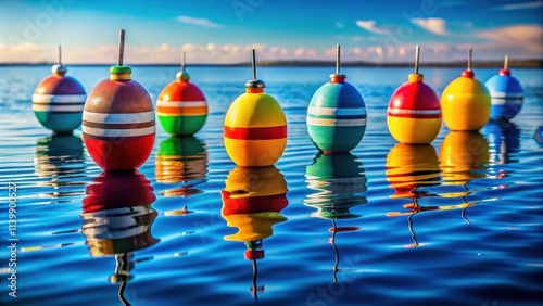 Colorful fishing floats floating on the water , vibrant, aquatic, marine, colorful, fishing, floats, buoyant, water