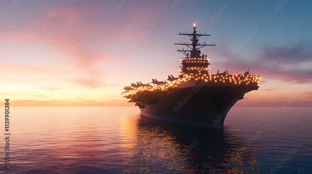 A U.S. Navy aircraft carrier at sea adorned with Christmas lights, creating a festive and patriotic atmosphere, symbolizing the holiday spirit and the dedication of the Navy personnel during the holid