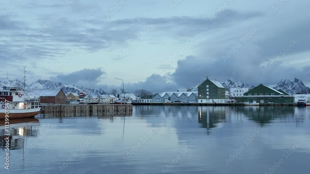 Tranquil winter harbor in Svolvær, Norway, reflecting calmness and wonder Tranquil winter harbor in Svolvær, Norway, reflecting calmness and wonder