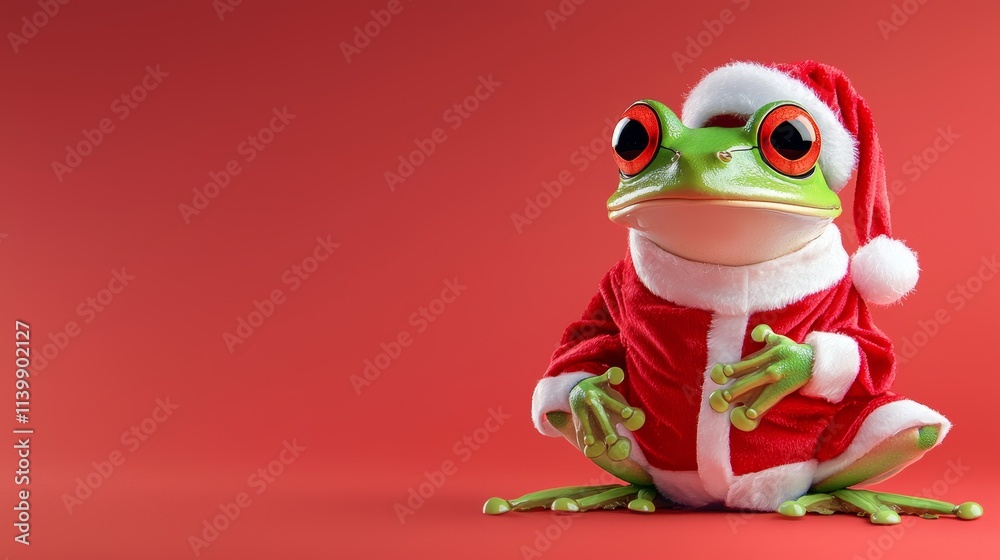 Fototapeta premium A festive frog wearing a Santa hat and red coat, set against a bright red background, exuding holiday cheer.