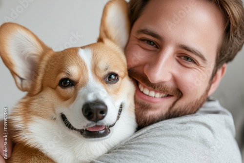 Smiling man hugging a corgi, natural style, indoor setting, joy