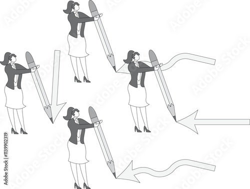 Different ideas and plans, brainstorming, four businesswomen holding pencils and drawing path arrows in four different directions