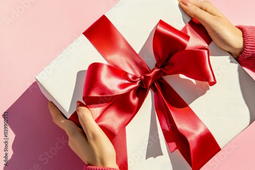 Hands holding gift box with red ribbon on beige table
 photo