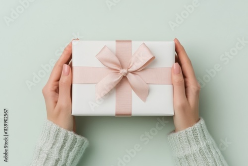 Hands holding gift box with pink ribbon on beige table
 photo