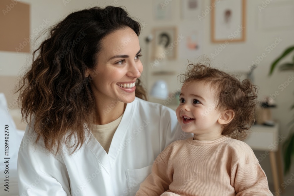 A mother tenderly holding her baby with a white bow on a light background. Gentle, loving, peaceful motherhood concept A mother tenderly holding her baby with a white bow on a light background. Gentle, loving, peaceful motherhood concept