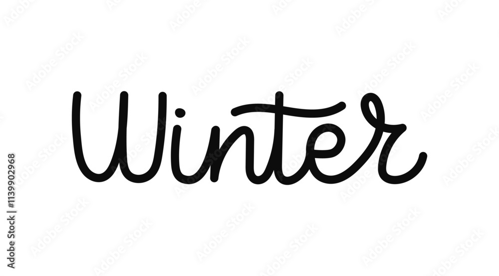 Winter handwritten in a flowing, cursive font. Hand drawn calligraphy lettering for wintertime. Black color text on white background Winter handwritten in a flowing, cursive font. Hand drawn calligraphy lettering for wintertime. Black color text on white background