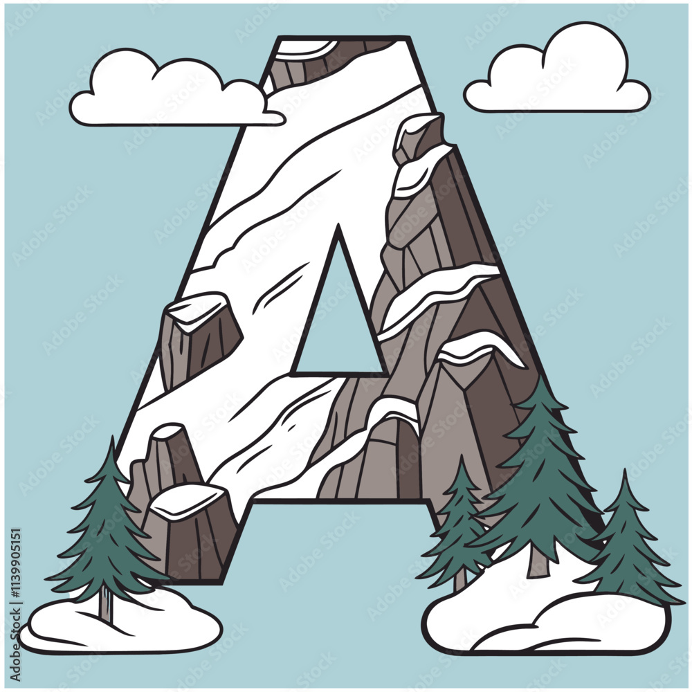 Design the letter 'A' as a sharp mountain peak with snowy textures, evergreen trees, and rugged rock formations for an alpine feel. Design the letter 'A' as a sharp mountain peak with snowy textures, evergreen trees, and rugged rock formations for an alpine feel.