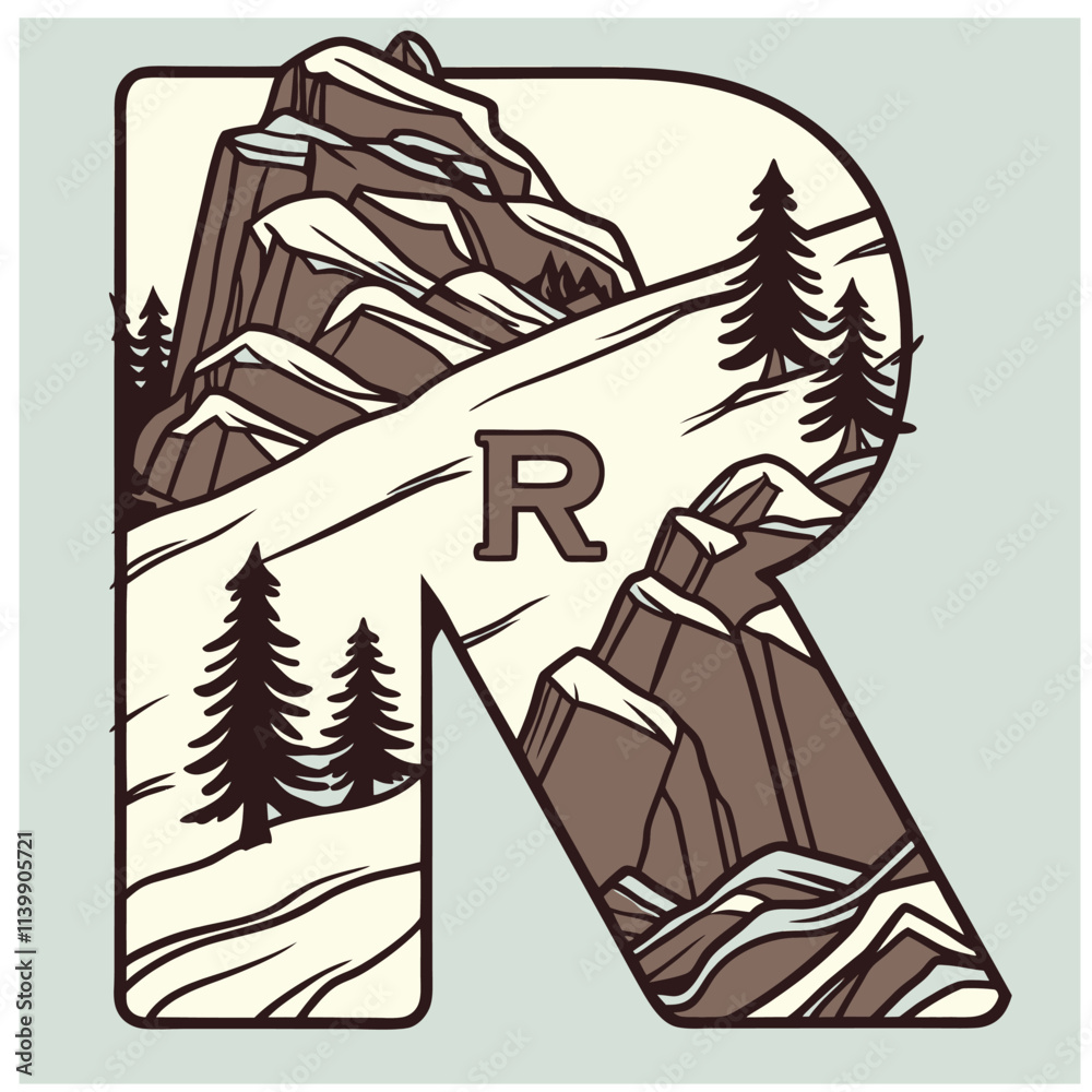 Design the letter 'R' as a sharp mountain peak with snowy textures, evergreen trees, and rugged rock formations for an alpine feel. Design the letter 'R' as a sharp mountain peak with snowy textures, evergreen trees, and rugged rock formations for an alpine feel.