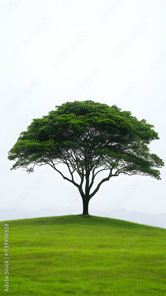 Fototapeta premium Green Tree on Grassy Hill, Nature Illustration