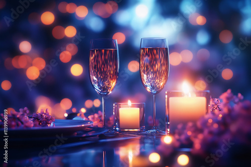 Romantic candlelight dinner table setup for couple. Concept for valentine's day and date photo