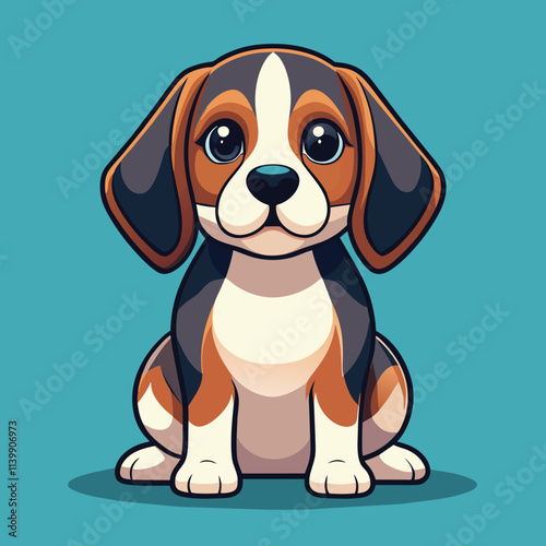 Cute chubby cartoon beagle dog character black, red and white coloured sitting straight on blue background