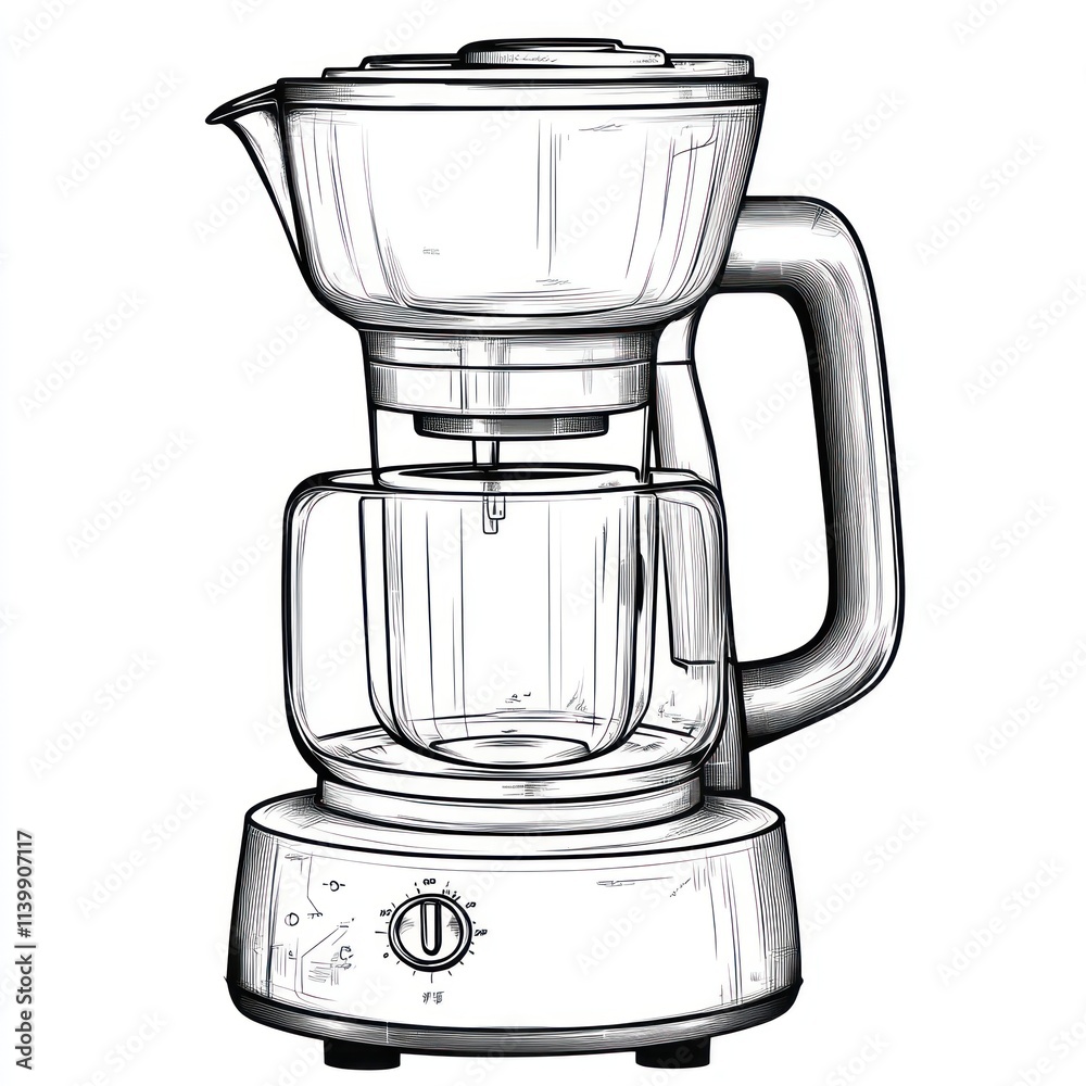 Line art illustration of a glass coffee maker with a carafe. Line art illustration of a glass coffee maker with a carafe.