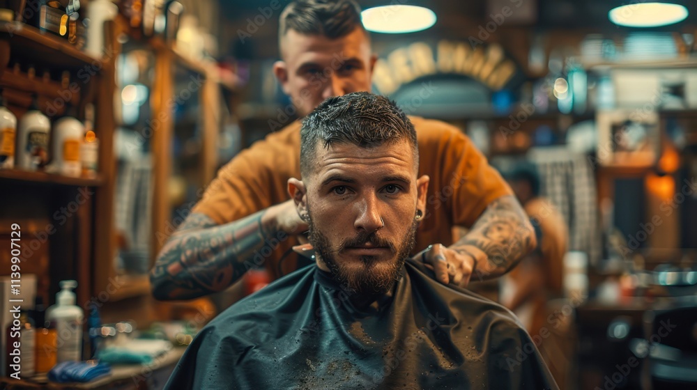 A barber is skillfully cutting the hair of a man in a vintage barbershop, showcasing contemporary grooming techniques and the art of hairstyling, This image can be used for marketing, blogs A barber is skillfully cutting the hair of a man in a vintage barbershop, showcasing contemporary grooming techniques and the art of hairstyling, This image can be used for marketing, blogs