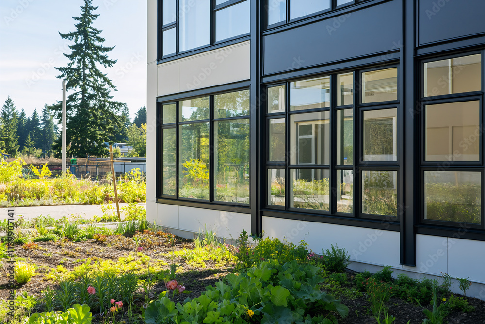 Affordable apartment building, clean and minimal exterior with large windows and a community garden Affordable apartment building, clean and minimal exterior with large windows and a community garden