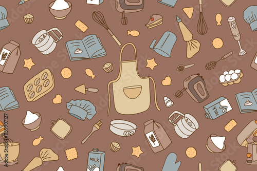 Colorful trendy seamless pattern of accessories for pastry chef, cook. baking supplies. Set of kitchen cooking utensils in doodle style on background of color 2025 Mocha Mousse. Vector illustration