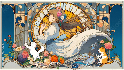 A cel-style illustration of a cat and a girl.generated by AI