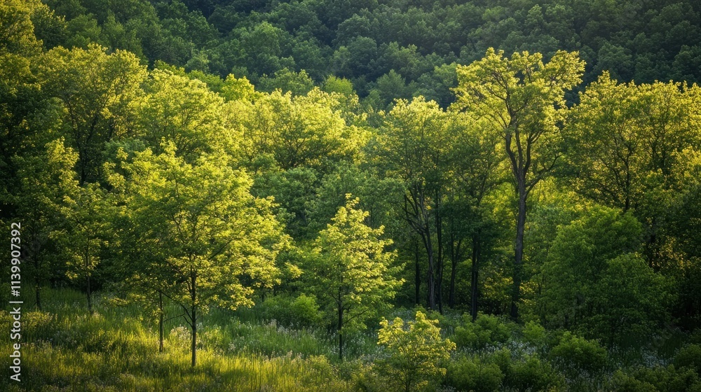 Lush green forest scene with sunlight illuminating vibrant yellow-green foliage.