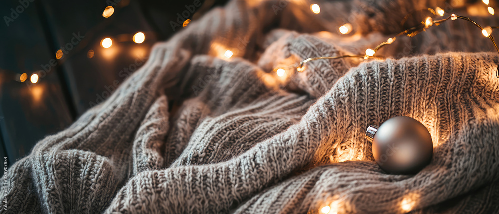 Close-up of grey knitted sweater, yarn, warm garlands, christmas balls, lights, bokeh. Cozy winter vibes. Festive mockup for lifestyle, hygge-inspired designs. Generative ai Close-up of grey knitted sweater, yarn, warm garlands, christmas balls, lights, bokeh. Cozy winter vibes. Festive mockup for lifestyle, hygge-inspired designs. Generative ai