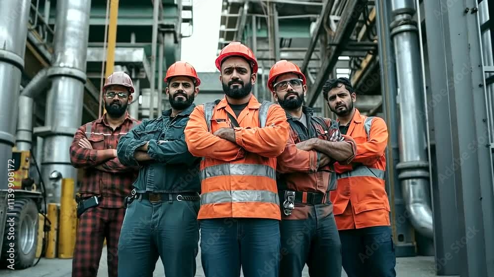 A group of Indian factory workers, all in safety gear, posed together with machinery and pipes behind them, symbolizing industrial diligence and safety-first mentality.