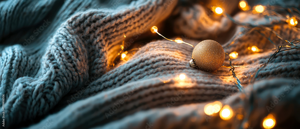 Close-up of grey knitted sweater, yarn, warm garlands, christmas balls, lights, bokeh. Cozy winter vibes. Festive mockup for lifestyle, hygge-inspired designs. Generative ai Close-up of grey knitted sweater, yarn, warm garlands, christmas balls, lights, bokeh. Cozy winter vibes. Festive mockup for lifestyle, hygge-inspired designs. Generative ai