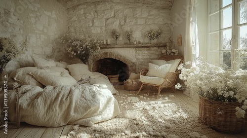 A serene French farmhouse living room featuring natural materials, a stone fireplace, soft textured cushions, and pastel floral decor, evoking a rustic ambiance. photo