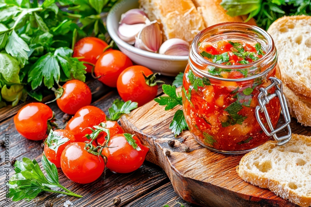 Homemade Tomato Preserve in Glass Jar with Crusty Bread and Fresh Herbs Homemade Tomato Preserve in Glass Jar with Crusty Bread and Fresh Herbs