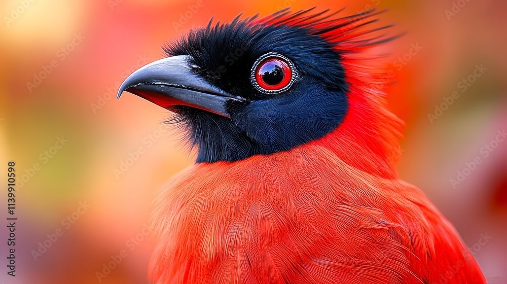 A vibrant close-up of a red and black bird against a colorful blurred background highlights its detailed feathers and striking eye, Ideal for nature projects, wildlife publications, or decorative art A vibrant close-up of a red and black bird against a colorful blurred background highlights its detailed feathers and striking eye, Ideal for nature projects, wildlife publications, or decorative art