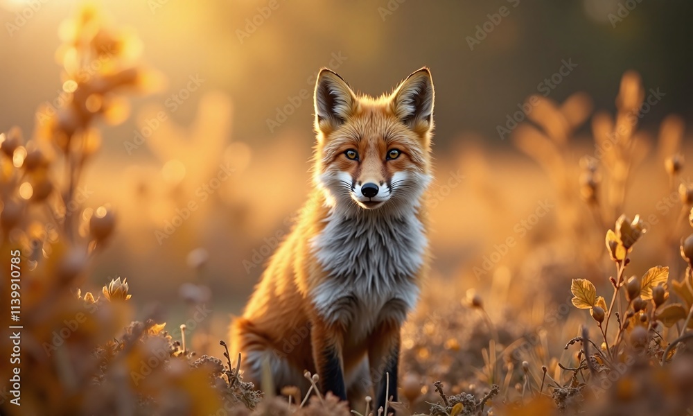 Fototapeta premium Red fox golden field soft light misty atmosphere