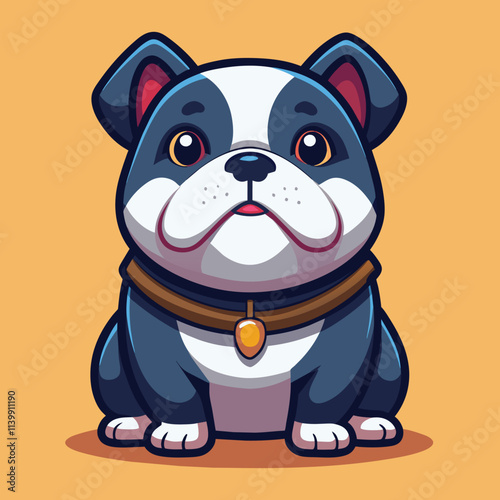 Cute chubby cartoon bulldog dog character grey and white coloured with a collar sitting straight on yellow background 