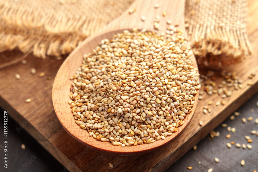 Organic sesame seeds in wooden spoon placed on rustic boards. Burlap fabric in the background. Close-up Organic sesame seeds in wooden spoon placed on rustic boards. Burlap fabric in the background. Close-up