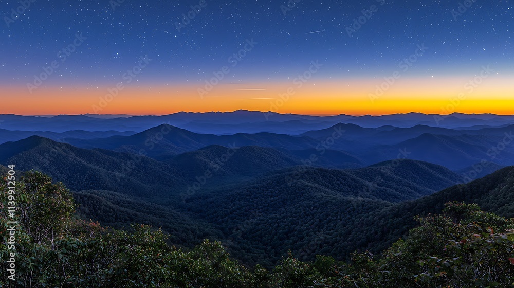 Peaceful landscape view of mountain ridges at twilight with soft blue and orange sky in the background. Peaceful landscape view of mountain ridges at twilight with soft blue and orange sky in the background.