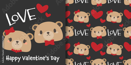 Valentine's day banner and seamless pattern of cute brown bear couple with Love text and red hearts on black background. Flat design for love or Valentines concept.