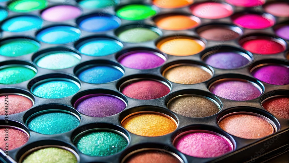 Selective focus of vibrant eyeshadow palette with pearly and matte shades close up , makeup, cosmetic, beauty Selective focus of vibrant eyeshadow palette with pearly and matte shades close up , makeup, cosmetic, beauty