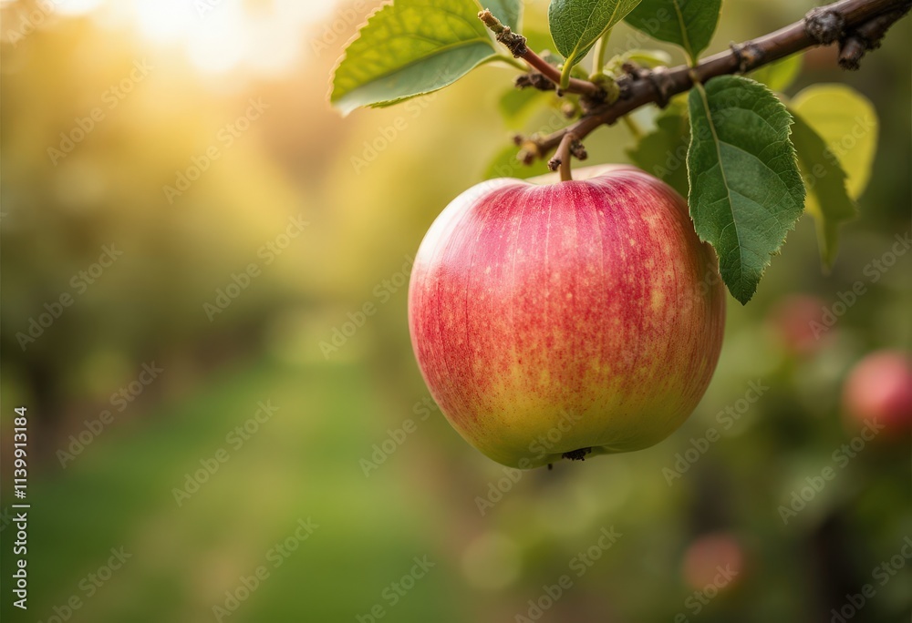 Red Apple on Branch, Orchard Background
