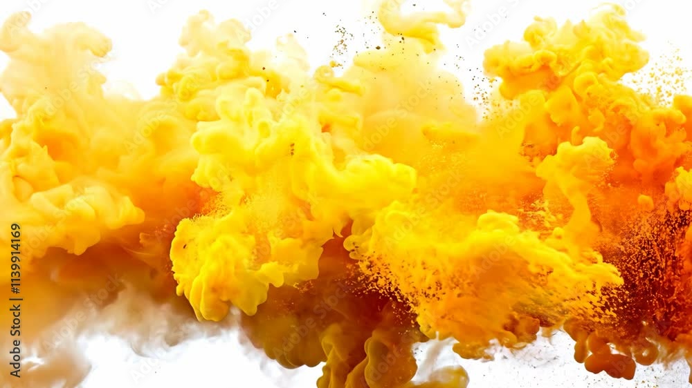 A large orange cloud of smoke is billowing out of a fire. The smoke is thick and billowing, creating a sense of chaos and destruction. The orange color of the smoke contrasts with the white background