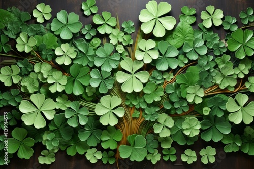 Lush green four leaf clover tree thriving with vibrant golden roots against a dark backdrop, symbolizing luck, prosperity, and nature's resilience photo