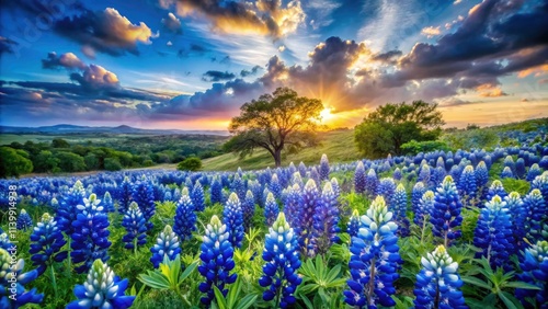 Enchanting Double Exposure of Blue Bonnets with Dreamy Landscapes and Sky Elements for Nature Lovers and Floral Enthusiasts