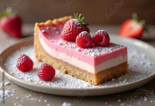 Curd cake with strawberries without baking. The basis of the cookie cake. The cake is located on a plate on a white background. In the photo there is a bouquet of camomiles and a scattered strawberry.