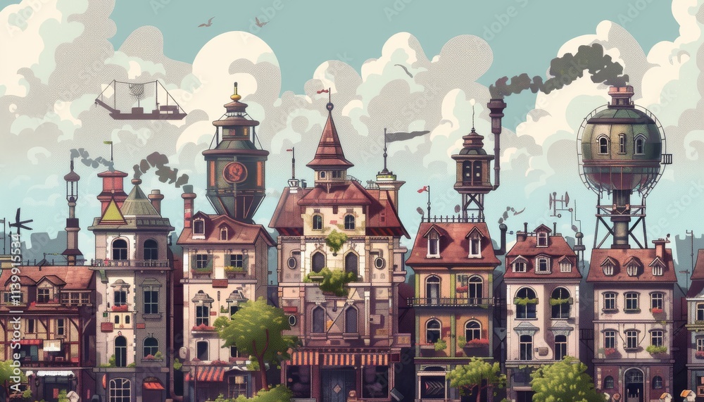 Naklejka premium Steampunkc cityscape. Steampunk town, Vintage city with towering struckture. Urban fantasy landscape. Background illustration.