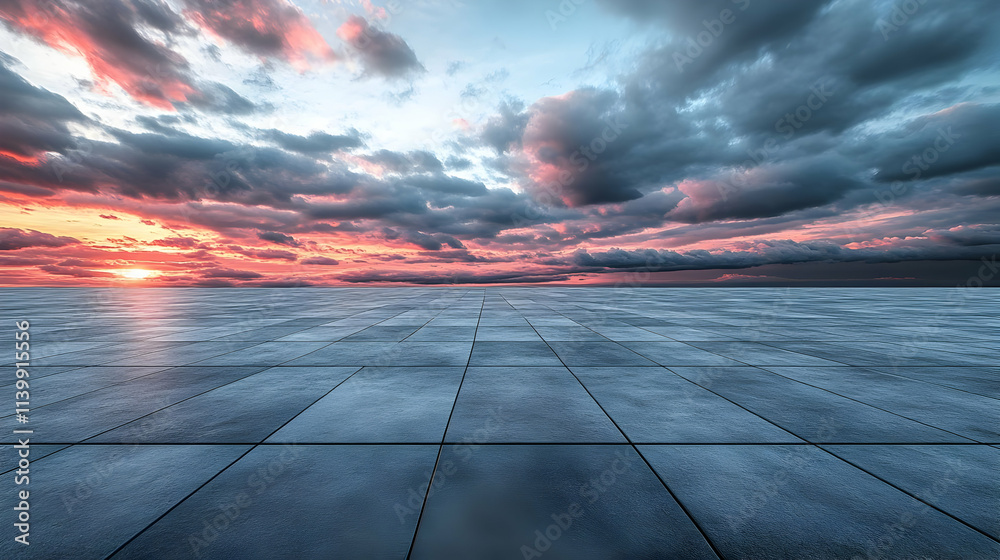 Fototapeta premium Sunset Sky over Dark Tiles Illustration