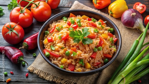 Mexican rice dish with tomatoes, onions, and peppers , Mexican, rice, dish, food, tomato, onion, pepper