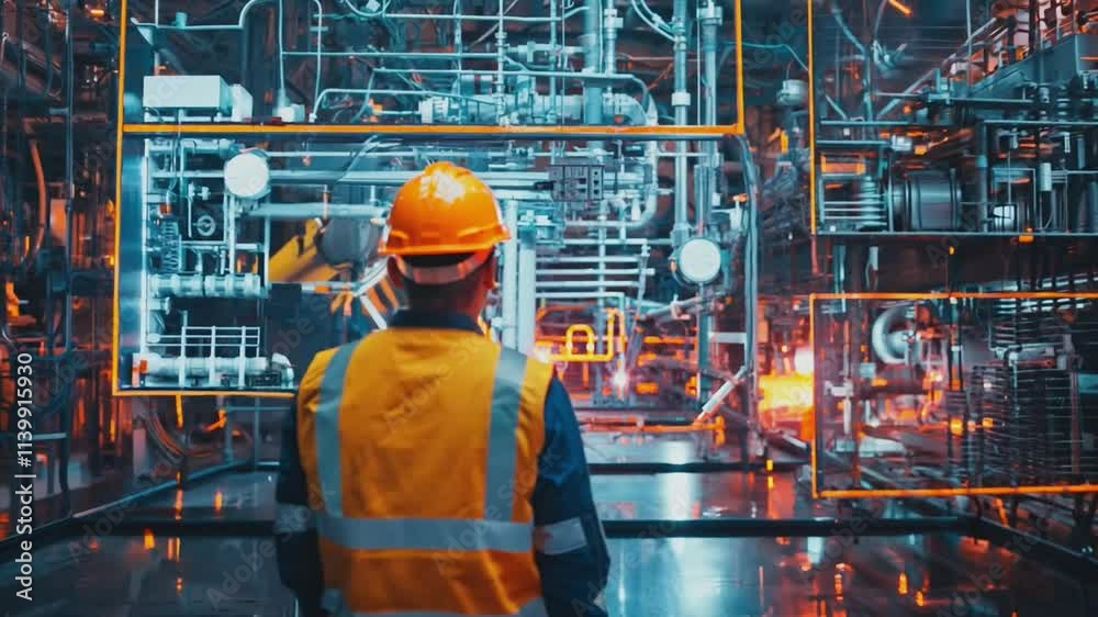 Industrial Engineer in Digital World. A lone industrial engineer in a futuristic factory, a visionary in a world where technology meets industry.