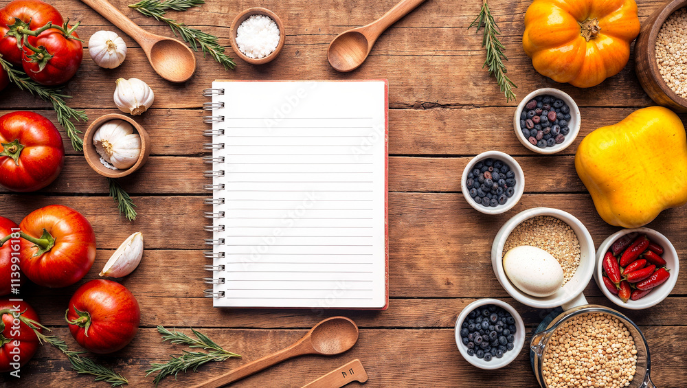 Rustic Kitchen Setup: Organic Cooking Ingredients, Blank Notebook, and Recipe Preparation Rustic Kitchen Setup: Organic Cooking Ingredients, Blank Notebook, and Recipe Preparation