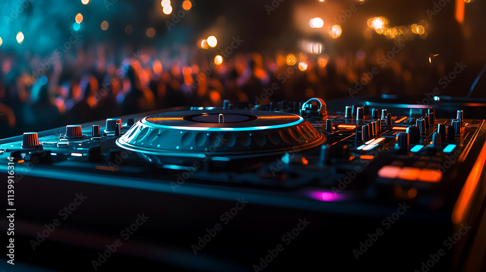 A music-themed background featuring a DJ at a nightclub with a blurred dancing crowd. A music-themed background featuring a DJ at a nightclub with a blurred dancing crowd.
