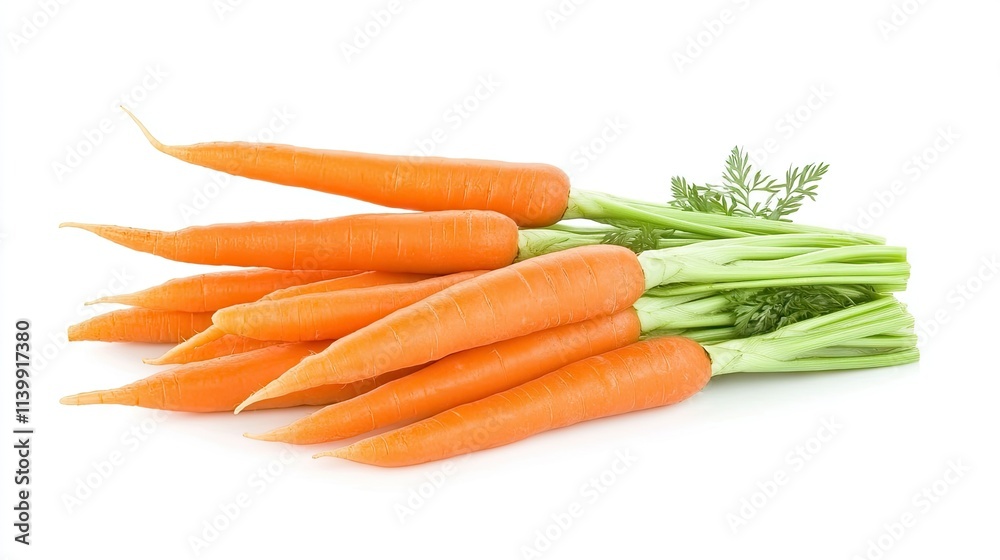 A bunch of freshly picked carrots with green stems arranged neatly on a pure white background. A bunch of freshly picked carrots with green stems arranged neatly on a pure white background.
